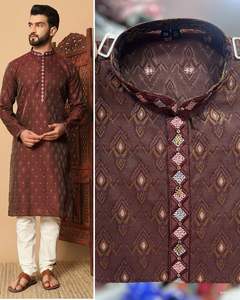 Most Trendy <b>Mens</b> Wear Ready to Wear Heavy Silk Jacquard With Embroidery Patti and Fancy Button Kurta with Raymond Cotton Pyjama - Product Image 5