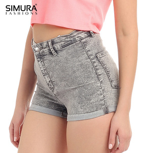 Shorts cargo en jean taille haute pour femme, coupe ajustée, haute qualité, en coton/élasthanne, teint en pièce, coupe-vent, séchage rapide - Product Image 1