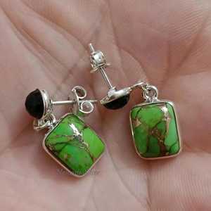 Pendientes Colgantes Finos de Plata de Ley 925 con Turquesa Verde y Cuarzo Ahumado, Gemas Naturales Dobles, Joyería Boho Hecha a Mano, Única - Product Image 5