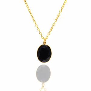 Chain Necklace 925 Sterling Silver Natural Black Onyx Oval Gold Plated Pendant Fashion Jewelry For Sale At Wholesale Price