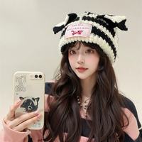 Nouveau Chapeau Unisexe en Coton Épais Tricoté à la Main, Style Coréen, Automne Hiver, Tendance, Color-Block, Motif Tissu Commun