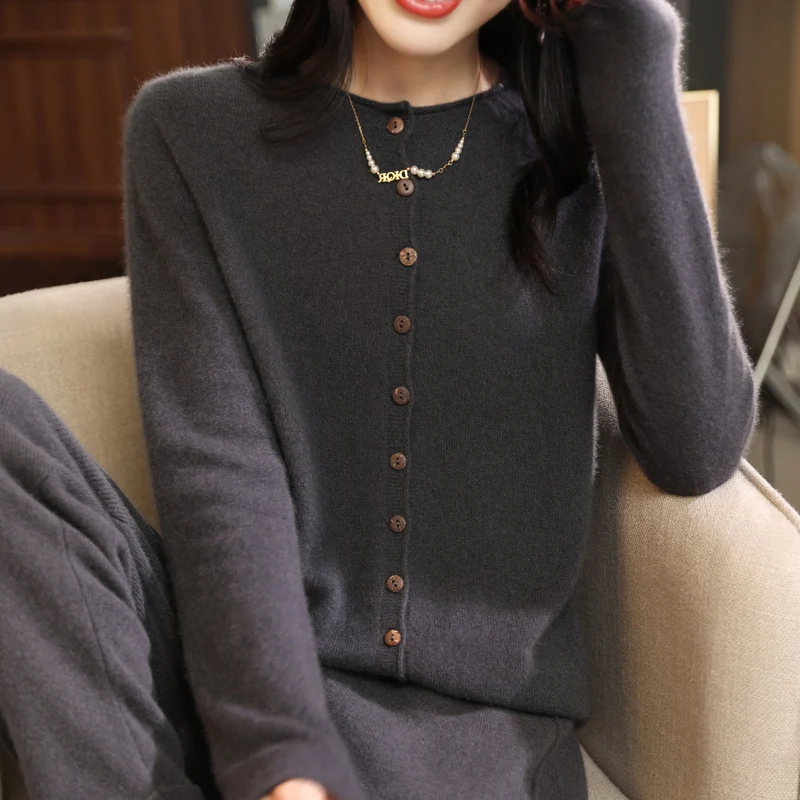 Autumn and winter new 100% wool new cashmere sweater women's o neck cardigan warm bottom knit shirt top