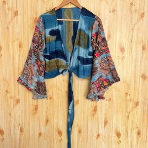 Top corto con mangas acampanadas florales, blusa envolvente de seda Bohemia Vintage para vestido de fiesta de Primavera/Verano, regalo frontal con lazo para ella, Top envolvente con tinte de corbata - Product Image 1