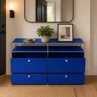 Meuble TV modulaire, console multimédia, buffet, armoire, cadre en acier chromé, bleu cobalt, couleur personnalisée