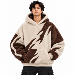 Custom <b>Sherpa</b> Fleece <b>Hoodie</b> <b>Men's</b> Beige Brown Color Block Oversized Pullover Streetwear Jacket OEM Private Label Wholesale - Product Image 1