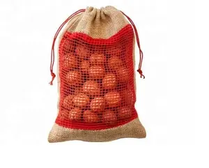 Taşıması kolay meyve sebze pamuk kırmızı örgü pencere çevre dostu özel Logo jüt büzgülü torba torba düşük fiyata