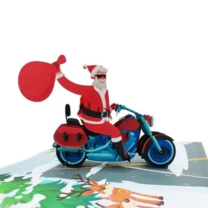 수제 산타 클로스 드라이브 오토바이 팝업 카드 도매 노엘 인사말 카드 종이 베스트 셀러 레이저 컷