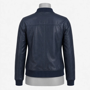 Premium <b>Women</b> <b>Navy</b> Blue Genuine Leather Bomber <b>Jacket</b> Ribbed Collar Cuffs Slim Fit Front Zip Casual Urban Fashion Private Label - Product Image 5