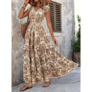 Women's Short-Sleeved Wrap-Around Neckline <b>Elasticated</b> Waist Supreme Maxi <b>Dress</b>, 37495 - Coffee with Milk - Product Image 3