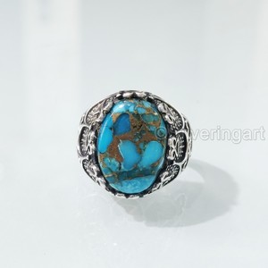 แหวนผู้ชายมาใหม่ แหวนเงินแท้ 925 ประดับพลอยเทอร์ควอยซ์สีน้ำเงินธรรมชาติ ของขวัญวันเกิด ของขวัญคริสต์มาส สไตล์ออตโตมัน - Product Image 3