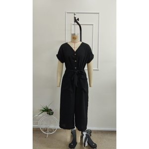 Women's Short Sleeve V-Neck Buttoned Belted <b>Pocket</b> Detail Long <b>Jumpsuit</b>, 33924 - Product Image 4