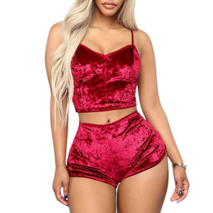 Women's <b>Sexy</b> Slim-Fit V-Neck Solid Embroidered Lingerie Casual Two-Piece Underwear <b>Set</b> Sleeveless Top and Shorts for Winter - Product Image 1