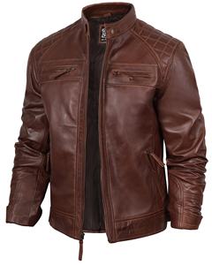 Vestes en cuir pour hommes en peau de mouton véritable enduite - Style moto Cafe Racer matelassé à fermeture éclair Streetwear - Product Image 3