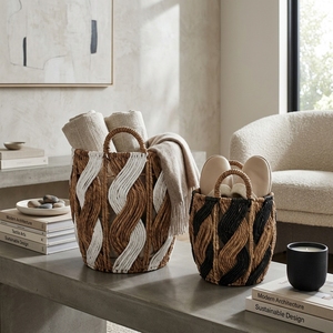 Natural Banana Bark Recycled <b>Plastic</b> <b>Basket</b> Set Spiral Wave Twist Open Lattice Arch Handle Pot Planter Decor Setup Pure Art Room - Product Image 4