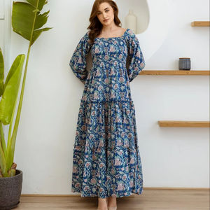 Forest Blue Jhaal Tiered <b>Maxi</b> <b>Dress</b> Women Natural Waist A-Line Cotton Indian Manufacturer Exporter - Product Image 1