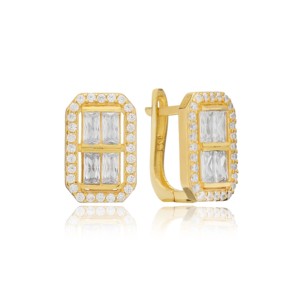 Rectangle Round and Baguette Stone Trendy <b>Back</b> <b>Earrings</b> Turkish Handmade Wholesale 925 Sterling <b>Silver</b> Jewelry - Product Image 1