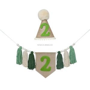 Green Child <strong>2</strong> <strong>Year</strong> <strong>Old</strong> Birthday High Chair Tassel Banner Linen Hat <strong>Party</strong> Decoration - Product Image 4