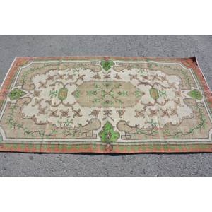 Tapis turc Vintage Beige Vert 3.6 X 6.8ft fait à la main en laine grande surface Patchwork Design rectangulaire couloir Latex pour la décoration de la chambre - Product Image 3