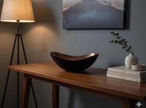 Bol de service en métal martelé, bol à fruits ou à salade, finition noir et or, fabriqué en Inde, artisans indiens, couverts en métal, B2B accepté - Product Image 2