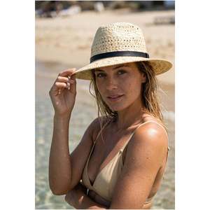 Beige Straw Fedora <b>Hat</b> with Buckle and <b>Band</b> Detail, Summer <b>Hat</b> HSR2118 - HSR2118-BEJ - Product Image 1