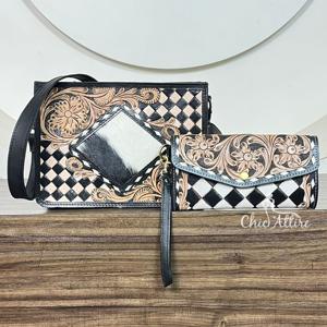 Conjunto de Bolso Bandolera Cruzado de Cuero Genuino con Diseño a Cuadros y Bolso de Mano con Correa de Muñeca, Elegante Conjunto de Dos Piezas para Mujer - Product Image 1