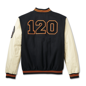 Veste universitaire de luxe pour hommes Logo personnalisé Corps en laine Manches en cuir Broderie en chenille Patch Rayé Baseball Style Letterman - Product Image 2