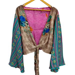 Chemise courte légère Taille libre Haut court en soie Robe portefeuille Vintage Sari Haut portefeuille en tissu Imprimé floral Top Boho - Product Image 1