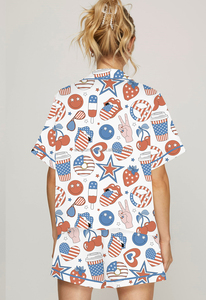 <strong>Patriotic</strong> Independence Day <strong>Short</strong> Sleeve Shirt <strong>Shorts</strong> Two Piece Striped Star Heart Print Pajama Set Women - Product Image 5
