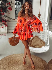 off the Shoulder Floral Print Chiffon Plus Size Women <b>Summer</b> Bohemian Loose Mini Casual <b>Dress</b> with Slash Neck - Product Image 4