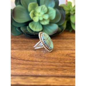 Rose Gold Plated Stainless Steel <b>Turquoise</b> Inlay <b>Ring</b> Size 7.75-Navajo Made Solitaire Gift - Product Image 3