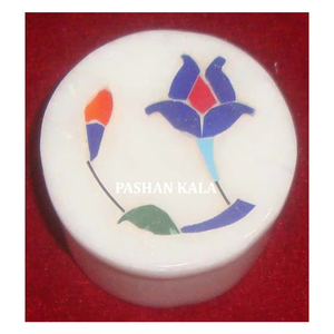 Belle conception indienne faite à la main en marbre blanc pur forme ronde incrustation boîte à bijoux pour la maison et le but de cadeau de mariage - Product Image 1