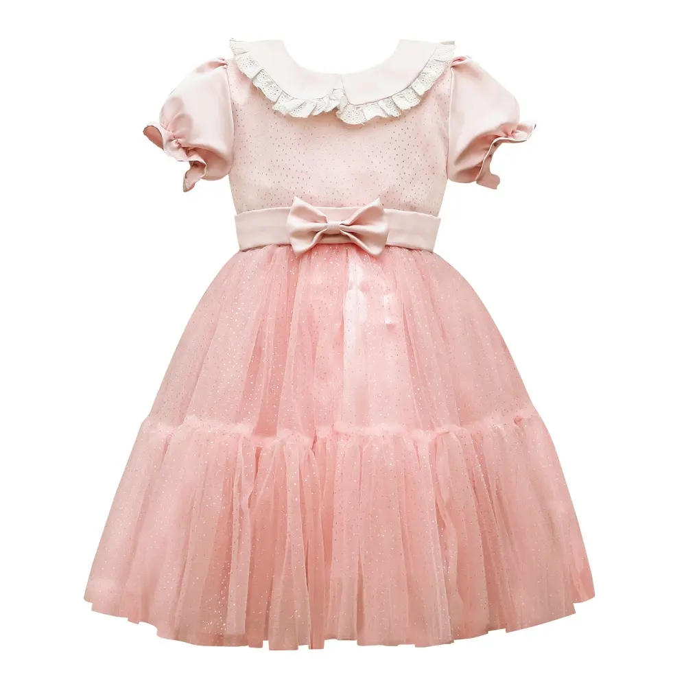 Wholesale Suppliers High Grade Baby Girl Dress  Pink Short Sleeves  Princess Party Dress Pink Knot New Collection - Emily Dress