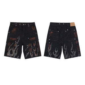 High Quality Trendy Custom Double Knee Distressed Vintage Acid Wash Baggy Rhinestone <b>shorts</b> <b>Denim</b> Jeans <b>Shorts</b> For Men - Product Image 3