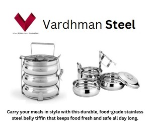 Wholesale Premium Quality Stainless Steel 3-Compartment Tiffin Box 8x3 Indian <b>Belly</b> Style Food Grade Bento Lunch Carrier - Product Image 2