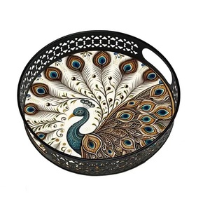 Ensemble de 2 plateaux de service en fer émaillé découpé au laser Pichwai à motif paon, prix bas, plateau à fleurs, décoration, cadeau - Product Image 4