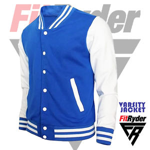 Veste universitaire bleue et blanche Conception personnalisée Doublure matelassée en coton/polyester Fermeture à boutons pression Col côtelé, poignets et ourlet - Product Image 1