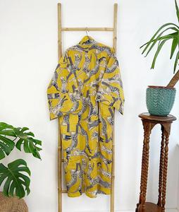 Kimono de verano con estampado de bloque indio de algodón puro, bata de playa Floral para mamá, cómoda Maternidad, amarillo mostaza, hasta el suelo - Product Image 3
