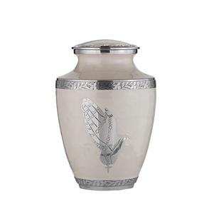 Urna moderna de cremación blanca Perla (manos rezando) | Urna conmemorativa de cenizas humanas para adultos, entierro, funeral | 200 pulgadas cúbicas para adultos - Product Image 1