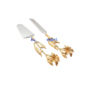 Noël Vintage Luxe Service Ensemble de 2 couteau à gâteau manche en feuille d'or fait à la main prix de gros Couverts cuisine cuillère de service - Product Image 3