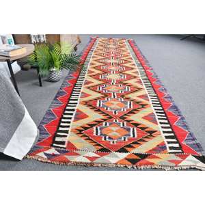 Alfombra turca Vintage, diseño de retazos, naranja, rojo, 3,3x11,5 pies, Material de lana, tejido plano, respaldo de látex para decoraciones de sala de estar - Product Image 4