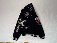 Blouson aviateur de baseball pour hommes avec logo personnalisé en coton, lettres patchwork noir et violet, broderie de sport à la mode, vente en gros