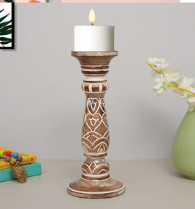 Intricately carved wooden <b>pillar</b> <b>candle</b> stand, featuring heart motifs and distressed <b>white</b> finish, at wholesale prices. - Product Image 1