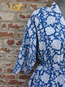 Unisex Hand Block Printed Cotton <b>Kimono</b> Indian Style Dressing Floral Print Drawstring Handmade <b>Beach</b> Cover Grown Ups Dress - Product Image 4