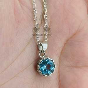 Handmade Dainty Blue Topaz 925 Sterling <b>Silver</b> Pendant Chain Necklace Gemstone <b>Locket</b> Gift for Her Birthday Anniversary Amethyst - Product Image 4