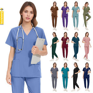Ensemble d'uniformes infirmiers unisexes élégants à col en V et manches courtes, personnalisables avec étiquette privée, écologiques, 100 % coton, blouses médicales pour hôpital - Product Image 1