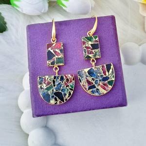 Pendientes colgantes de doble piedra de turquesa y cobre estilo Mohave, enchapados en oro de 18k, estilo geométrico para mujer, gran venta. - Product Image 3