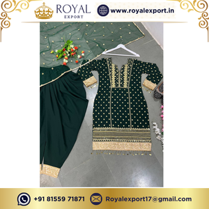 Ropa de fiesta de diseñador de color verde Faux Georgette con Secuencia de bordado colección de trajes Patiyala de Royal Export Surat - Product Image 2