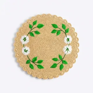 <b>Round</b> Handmade raffia Bohemian Table <b>Mat</b> With Pink Floral Embroidery Green Base - Product Image 6