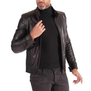 Chaqueta de piel auténtica marrón ajustada para hombre estilo informal con cremallera frontal y bolsillo en el pecho - Product Image 4