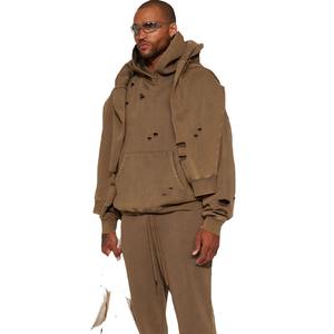 Sudadera con Capucha Extra Grande para Hombre, Color Marrón Jaspeado, de Forro Polar, Transpirable, de Secado Rápido, de Algodón/Poliéster, con Detalles Desgastados, Venta Caliente de Invierno - Product Image 4